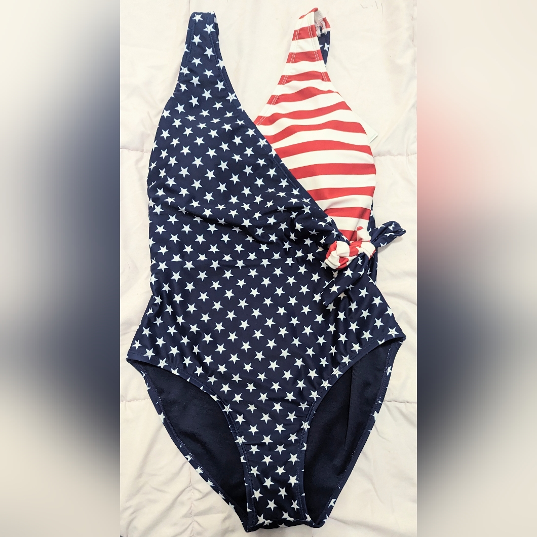 Nwt, Outdoor Oasis, Stars And Stripes, Front Tie,1 Pc Swimsuit- Ladies Xs
